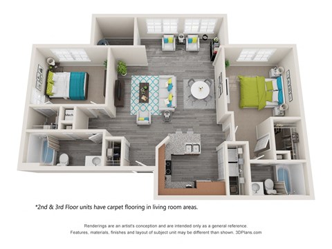 Floor plan for 2 beds, 2 baths, 1260 sqft